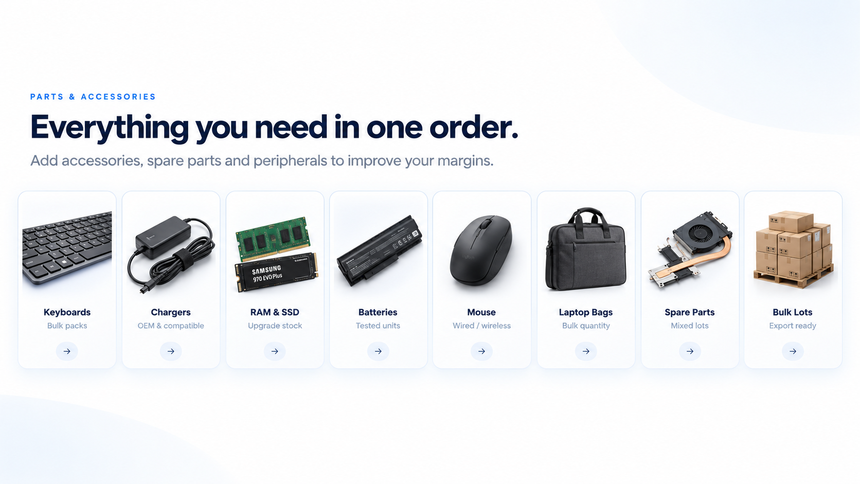 Parts and accessories - keyboards, chargers, RAM and SSD, batteries, mouse, laptop bags, spare parts and bulk lots
